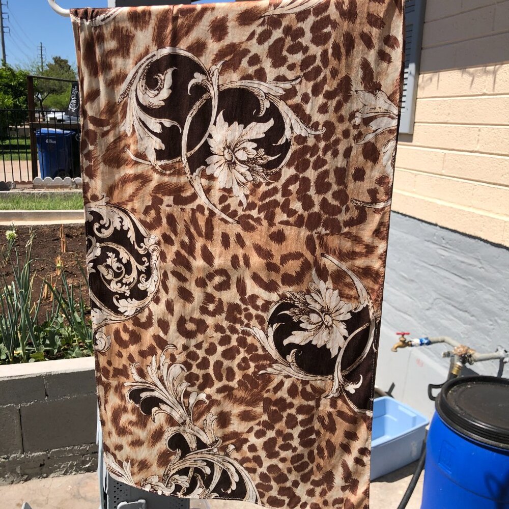 Vintage St. John 100% Silk Long Scarf - Baroque Floral Leopard Animal Print